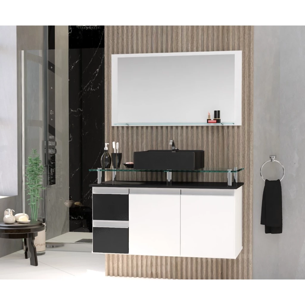 Conjunto Gabinete Banheiro Diamante 80cm MDF + Espelheira + Cuba + Tampo de Vidro — oferta Loja de Móveis Marília