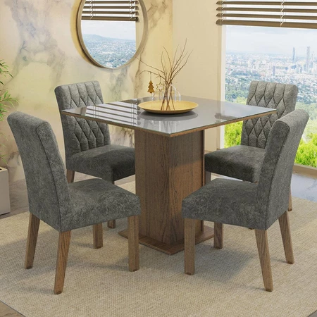 Conjunto Sala de Jantar Mesa Tampo de Vidro 4 Cadeiras Rustic/Cinza/Silver Anaju Madesa — oferta Loja de Móveis Marília