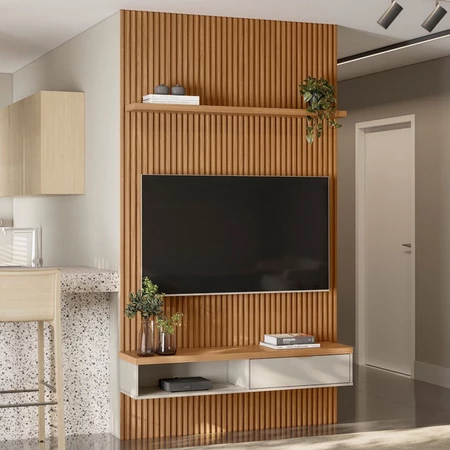 Painel para TV Até 60 Polegadas 1 Porta 140 Cm Nature Ripado/Off White Linea Brasil — oferta Loja de Móveis Marília