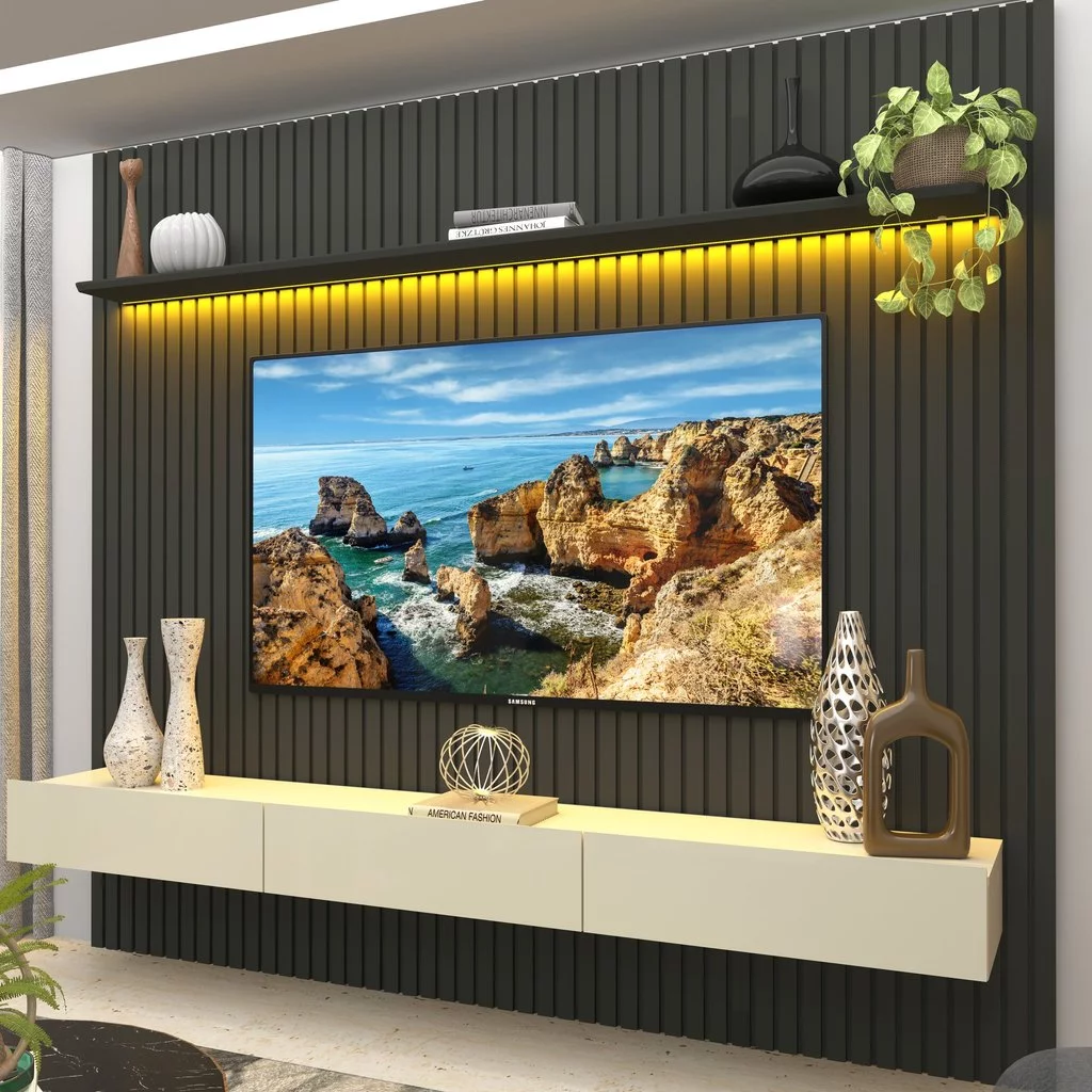 Painel para TV até 90 Polegadas 229x250cm Ripado com LED 3 Gavetas 100% MDF — oferta Loja de Móveis Marília