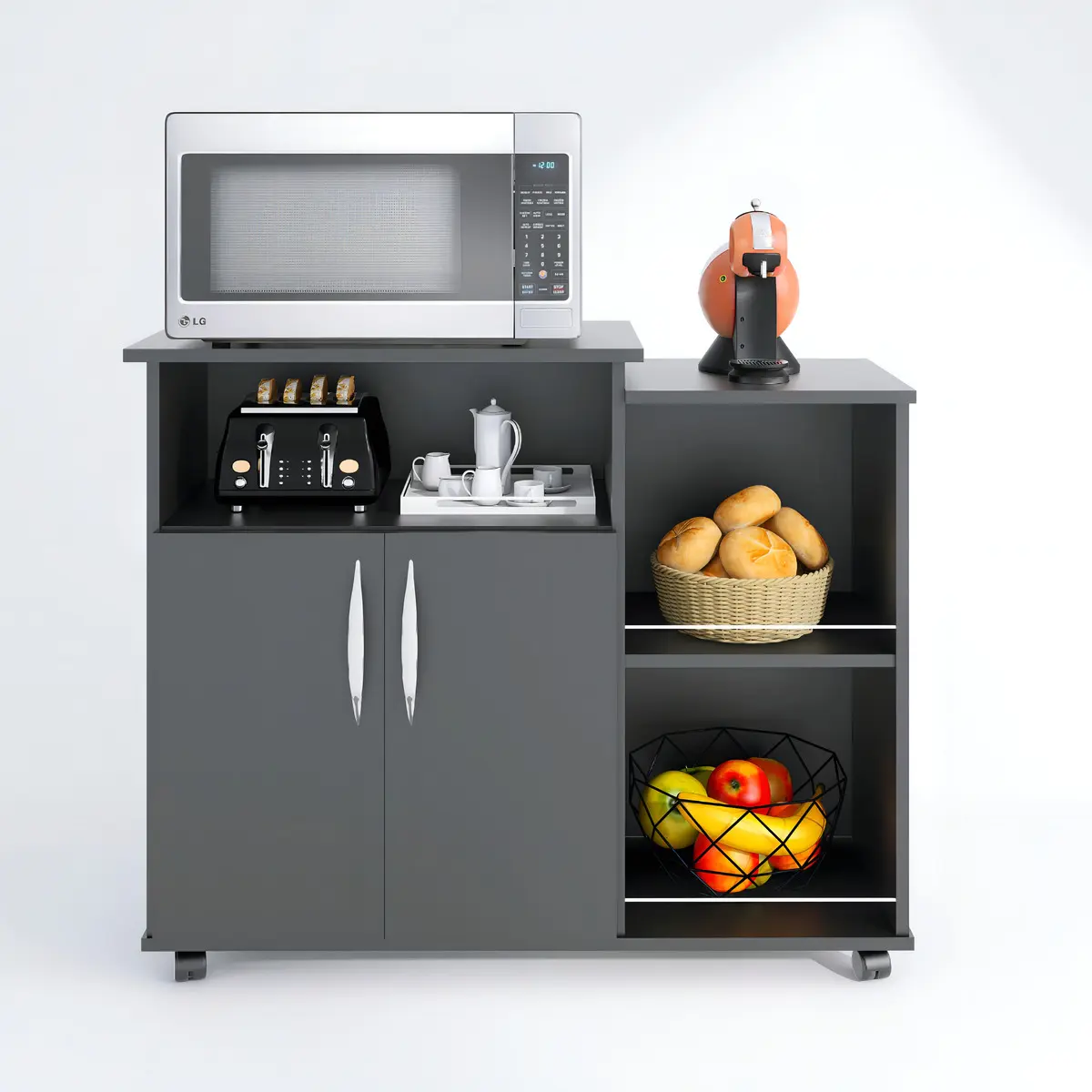Armário cozinha AJL preto com fruteira, rodas e porta microondas 2 portas 92cm