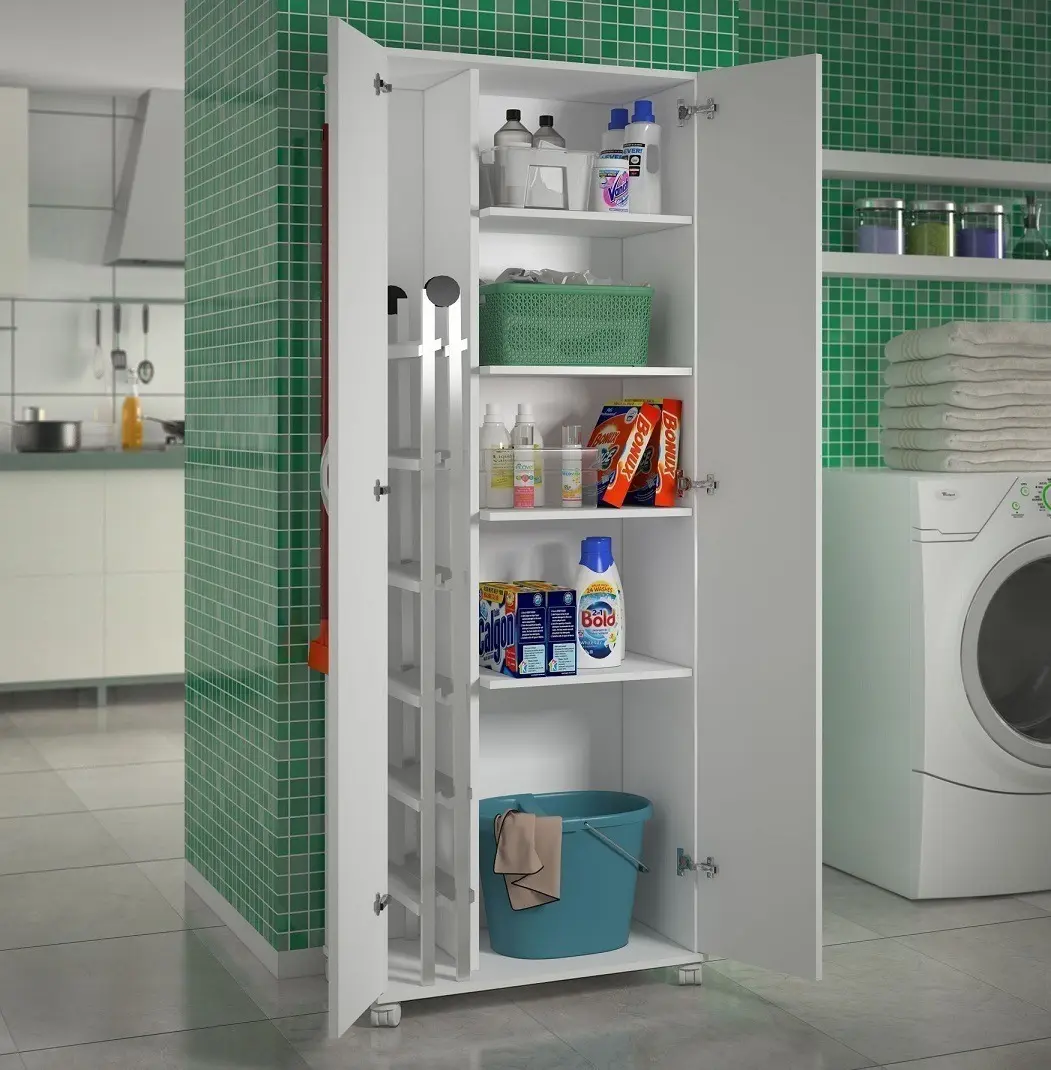 Armário para lavanderia 2 portas com rodinhas multiuso branco para organização de produtos de limpeza