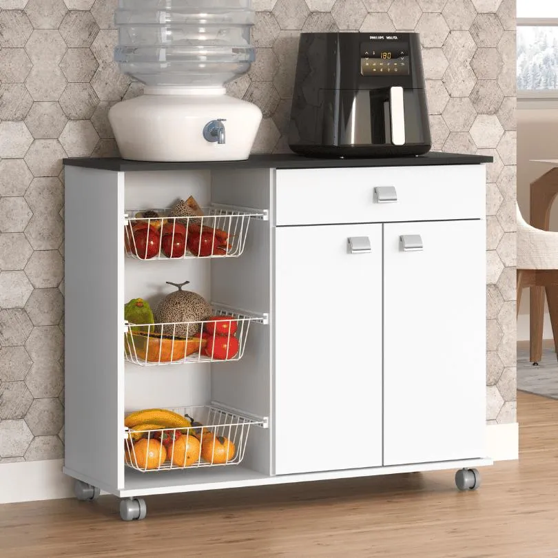 Balcão fruteira Isis com 2 portas, 1 gaveta e 3 cestos metálicos 92cm branco para cozinha e home office