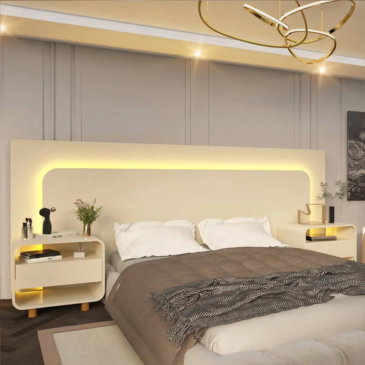 Cabeceira de cama box casal Gelius Innova com 2 mesas de cabeceira, LED e acabamento off white para camas até King — foto 1