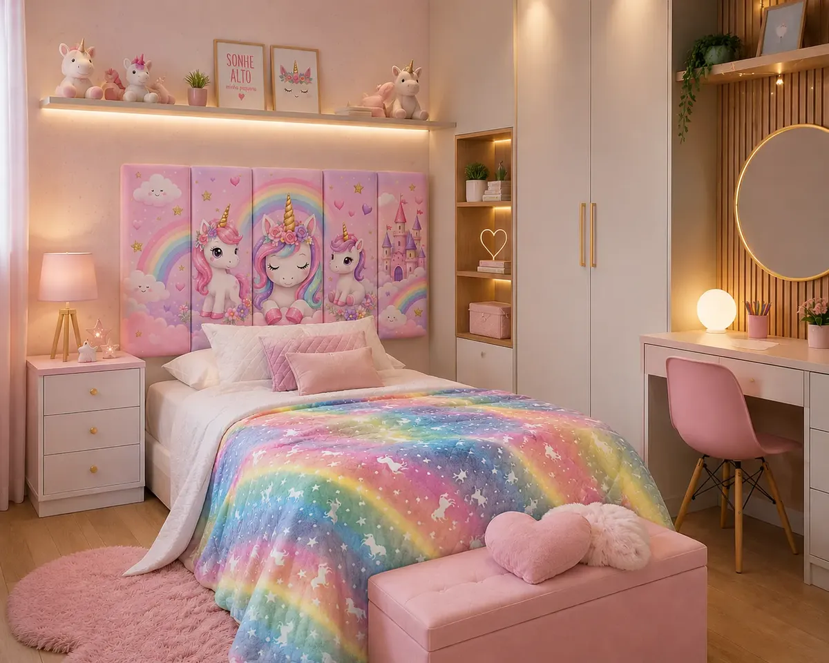Cabeceira de cama infantil menina unicornio 1 metro para cama solteiro, modular estofada em suede sem furo na parede — foto 1