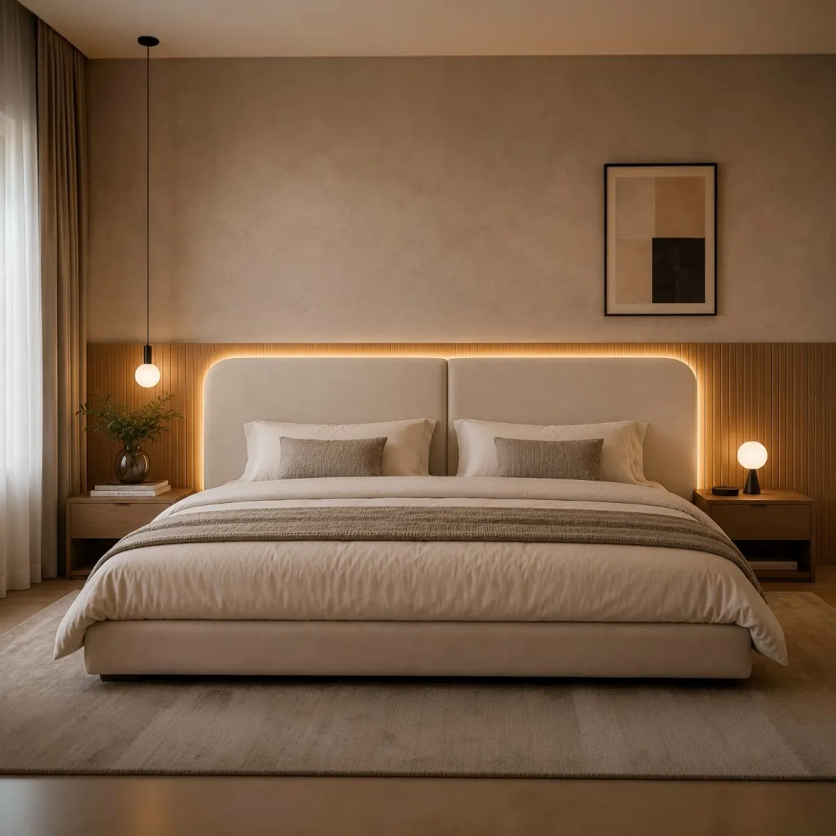 Cabeceira modular orgânica King 200cm estofada em linho bege com iluminação LED integrada para cama box — foto 1