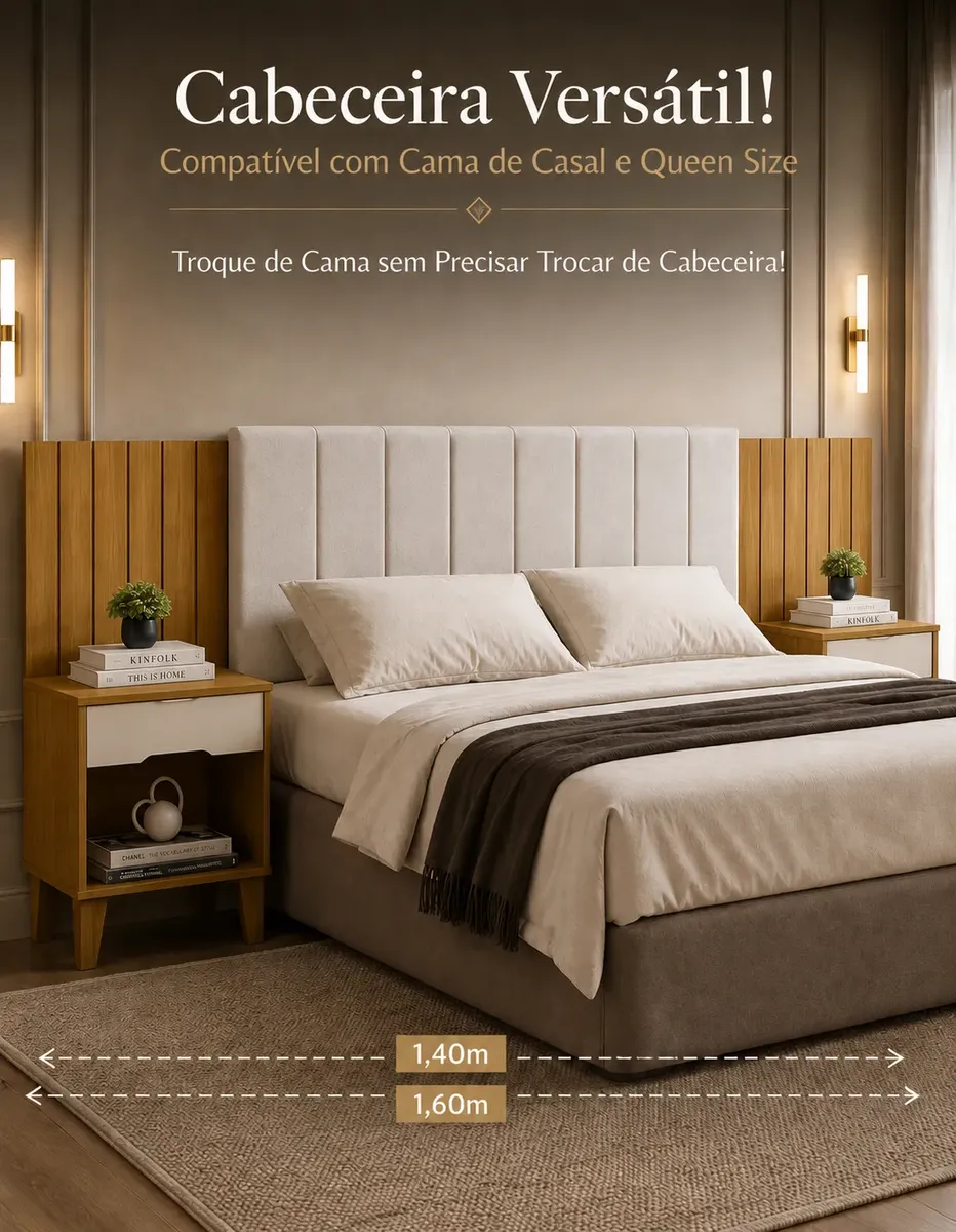 Cabeceira para cama box queen 160cm e casal com criado mudo embutido, modelo Helena estofada em linho nature off com gaveta e nicho — foto 1