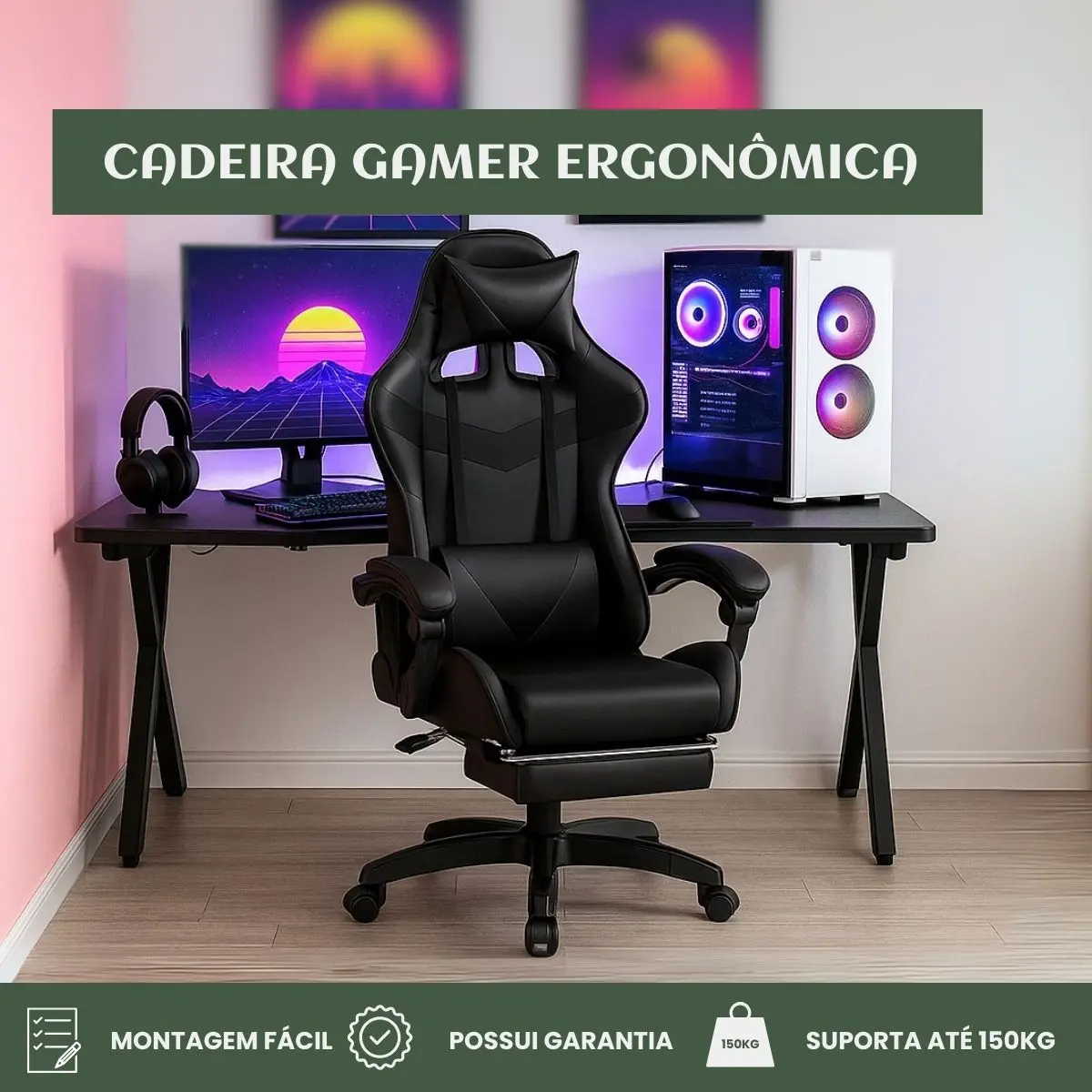 Cadeira Gamer LuvinCo Nitro 150kg Reclinável 150° Couro Preto Apoio Pés Retrátil - mesa gamer 180cm com suporte para monitor e organizador de cabos