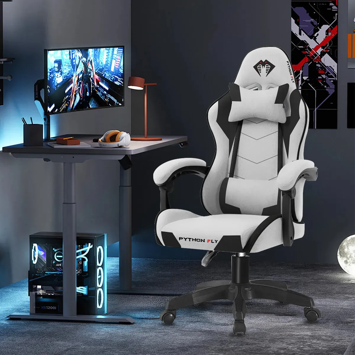 Cadeira Gamer Python Fly Respirável Linho Cinza 150kg Reclinável 135° - mesa gamer 180cm com suporte para monitor e organizador de cabos