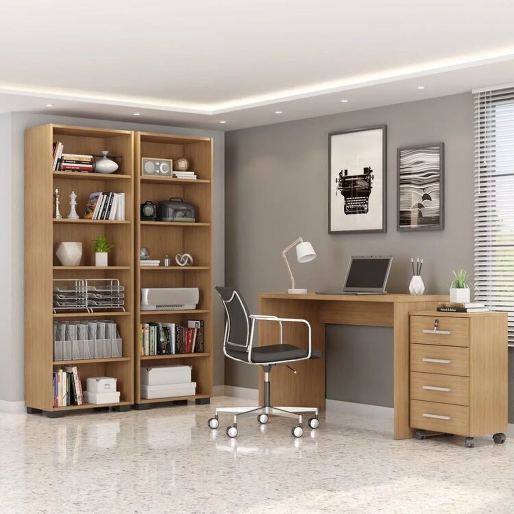 Conjunto 4 peças com escrivaninha, gaveteiro e 2 estantes livreiro freijó marrom para home office e quarto de estudante