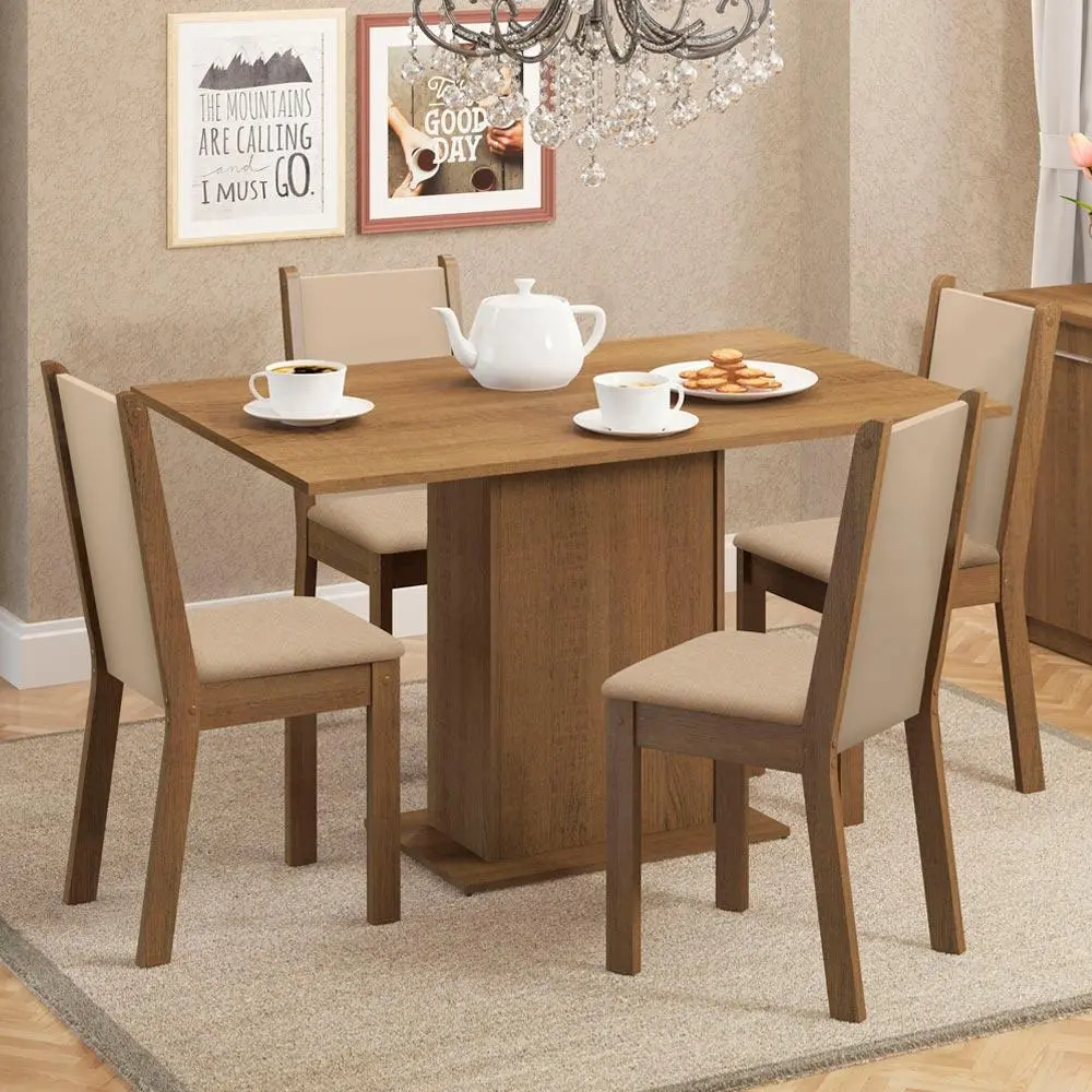 Conjunto de sala de jantar Madesa Talita com mesa pedestal de tampo madeira 104cm e 4 cadeiras estofadas nas cores rustic, crema e pérola — foto 1