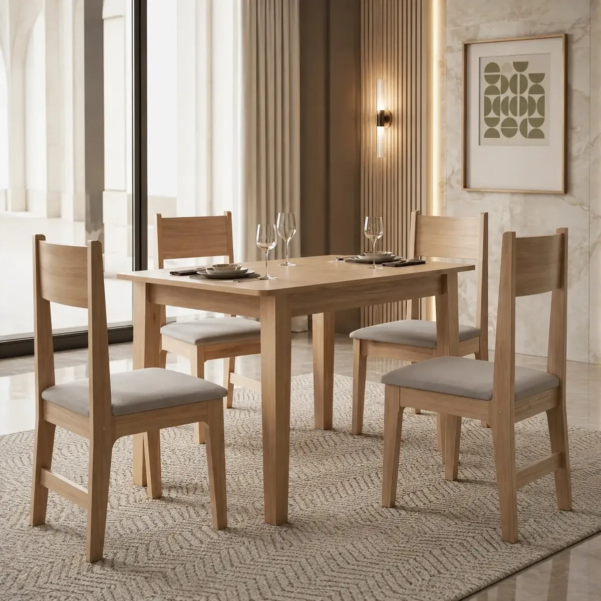 Conjunto de jantar Sonetto Móveis com mesa retangular 109cm e 4 cadeiras Delta estofadas em courino nas cores mel e bege — foto 1