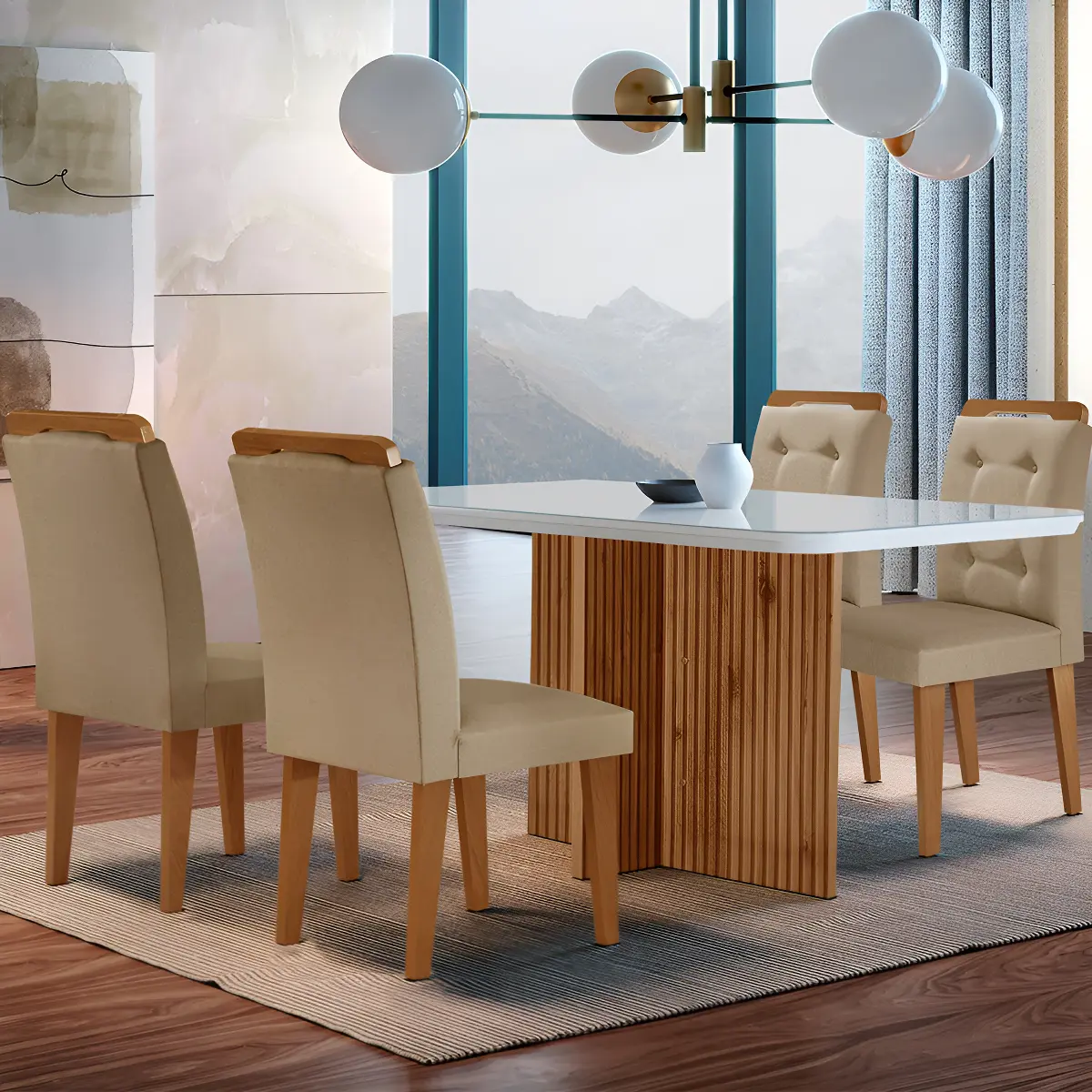 Conjunto de sala de jantar Moderna Mobília com mesa retangular 120cm tampo vidro e 4 cadeiras Carol nas cores turim, off white e imbuia — foto 1