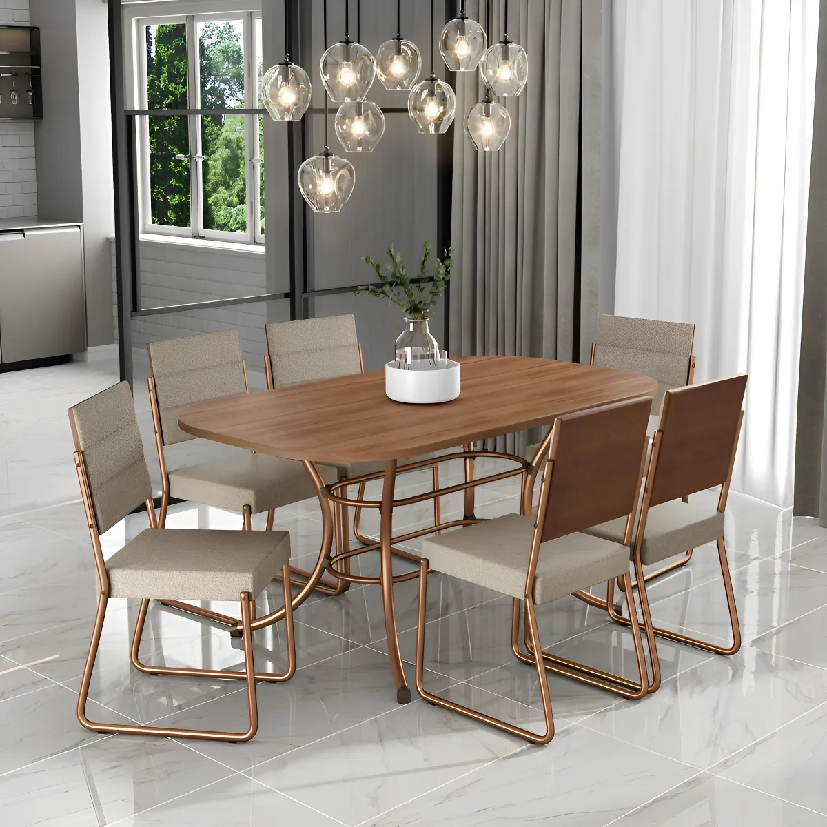 Conjunto de sala de jantar da Carraro com mesa retangular 160cm e 6 cadeiras estofadas em napa na cor rose com estrutura em aço pintado — foto 1