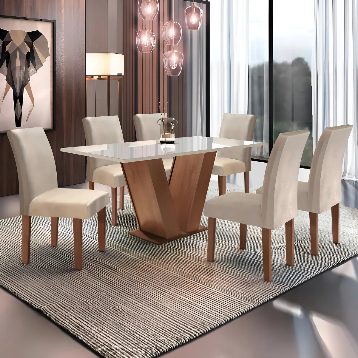 Conjunto de sala de jantar da Yescasa com mesa retangular de tampo de vidro e 6 cadeiras estofadas nas cores chocolate, off white e suede bege — foto 1