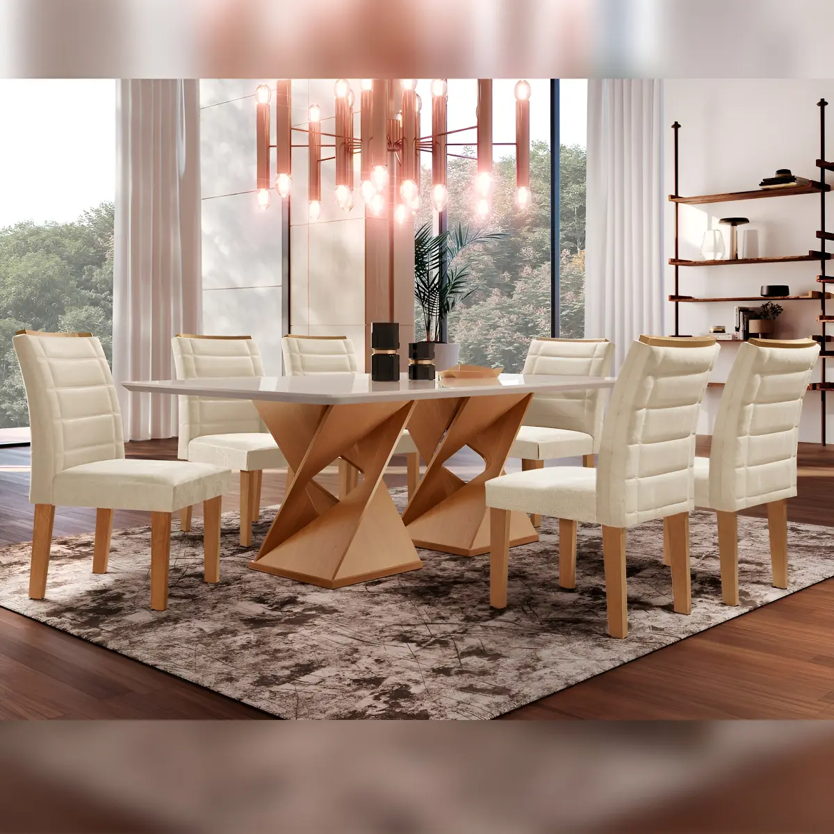 Conjunto de sala de jantar Cel Móveis Genova com mesa 170cm tampo vidro e 6 cadeiras estofadas em veludo nas cores cinamomo, off white e bege — foto 1