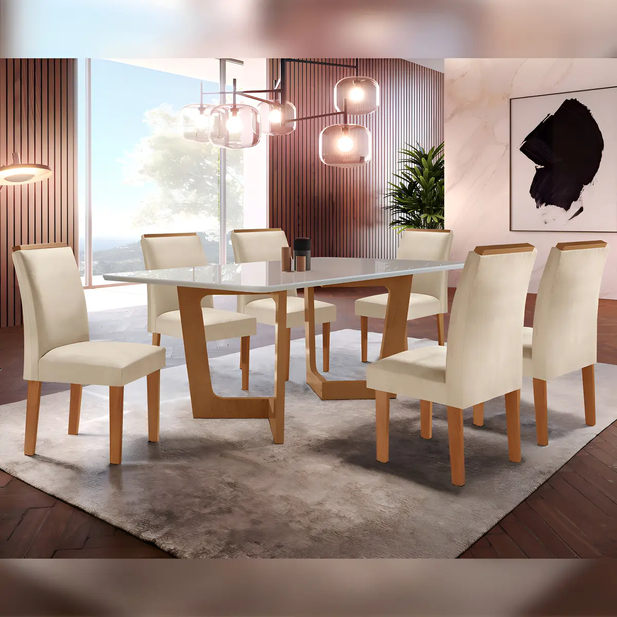 Conjunto de sala de jantar Cel Móveis Nápoles com mesa 170cm tampo vidro e 6 cadeiras Luísa estofadas em veludo nas cores cinamomo, off white e bege — foto 1