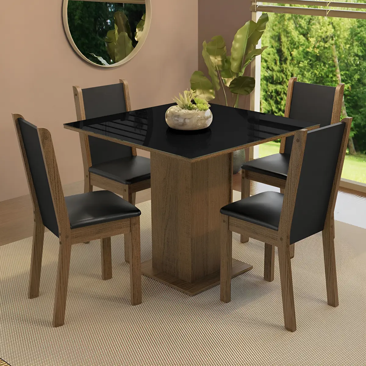 Conjunto de sala de jantar Madesa Tifani com mesa quadrada de tampo vidro 90cm e 4 cadeiras estofadas nas cores rustic e preto — foto 1