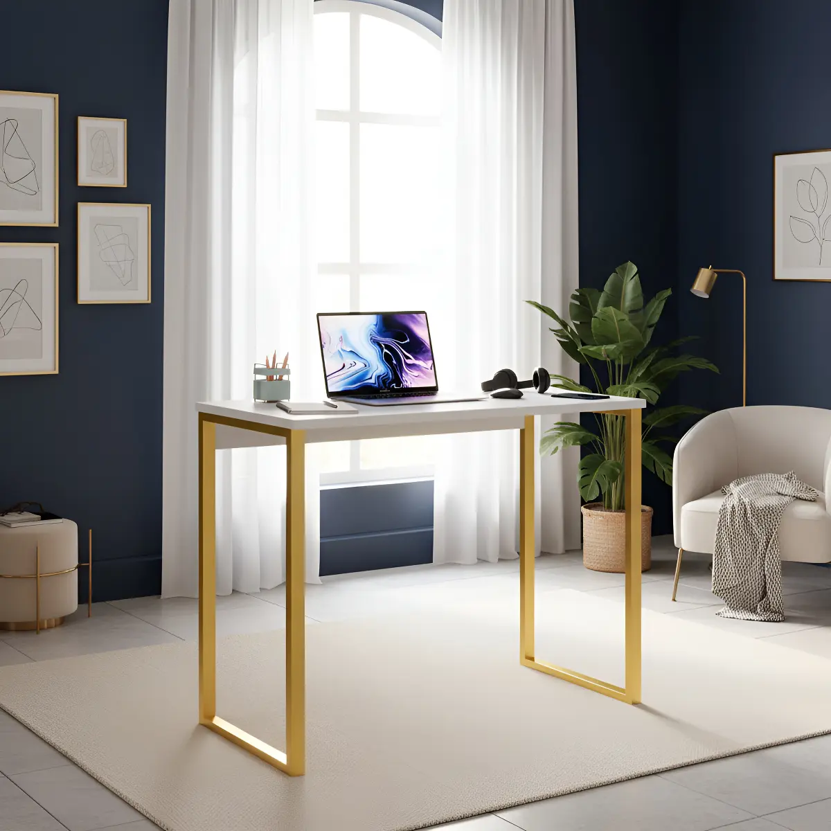 escrivaninha de ferro 90cm jomatri am90 dourado e branco forte moderna mesa de estudos para quarto pequeno 90x45 — foto 1