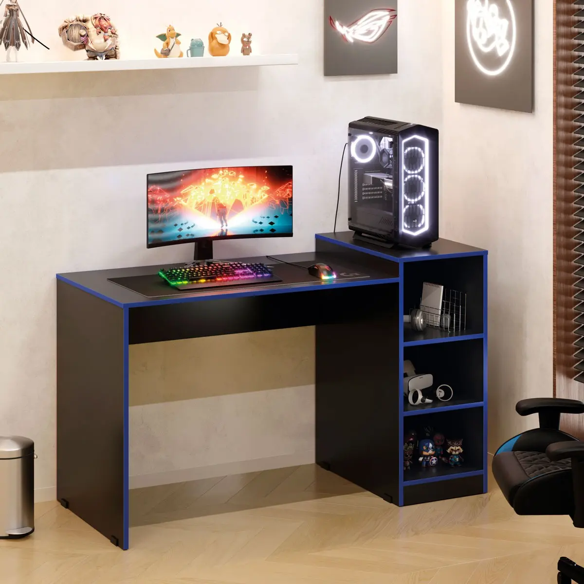 Escrivaninha Gamer Zetra 122cm 3 Nichos Azul/Preto - 500+ Vendidos - mesa gamer 180cm com suporte para monitor e organizador de cabos