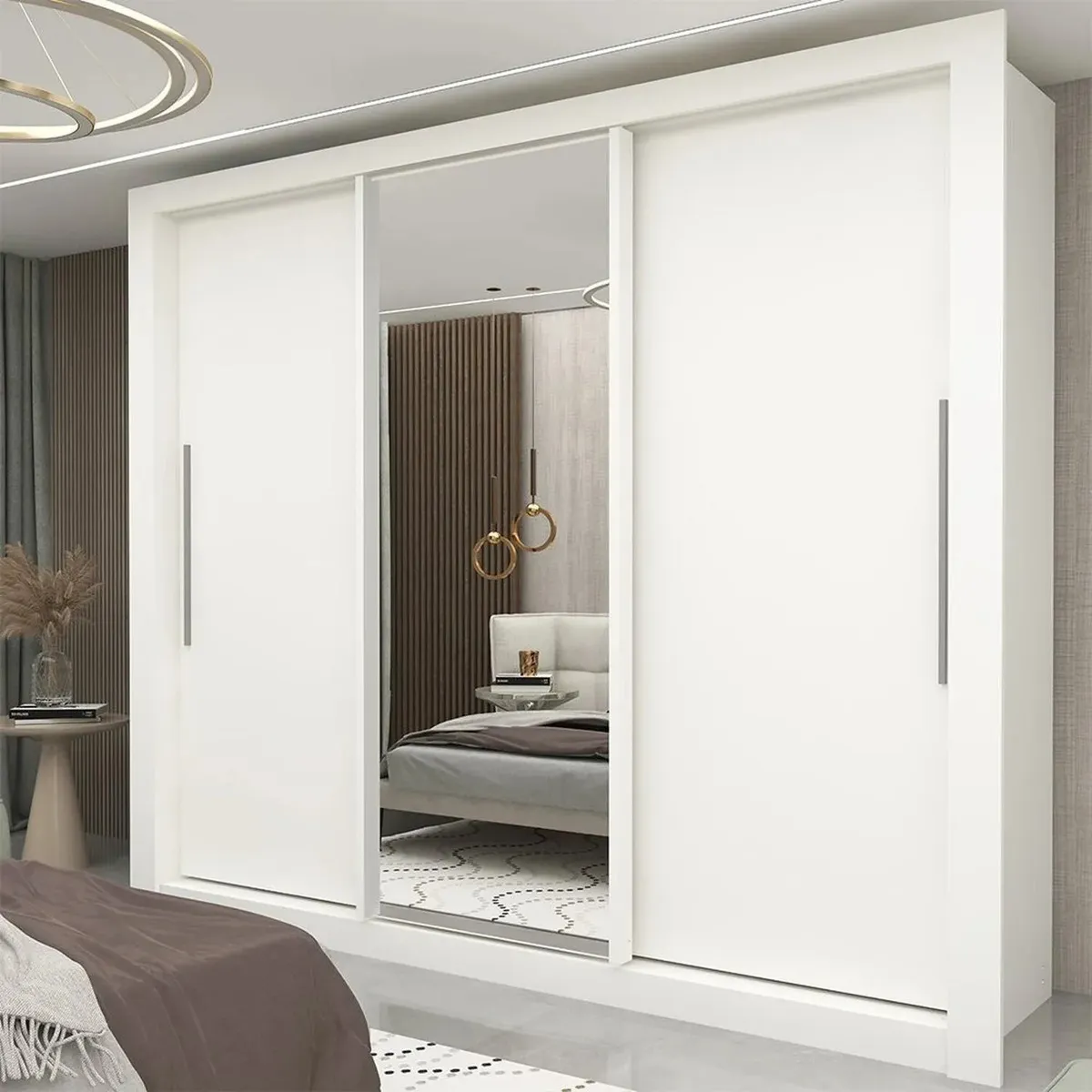Guarda-roupa casal 3 portas de correr com espelho e 4 gavetas Milão Yescasa 192x208cm branco MDF — foto 1