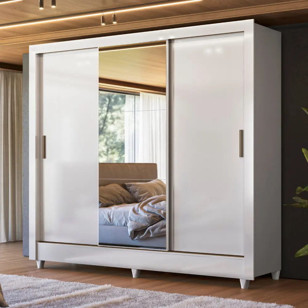 Guarda roupas casal 3 portas de correr com espelho e 2 gavetas França Andirá 172x191cm branco MDP/MDF — foto 1