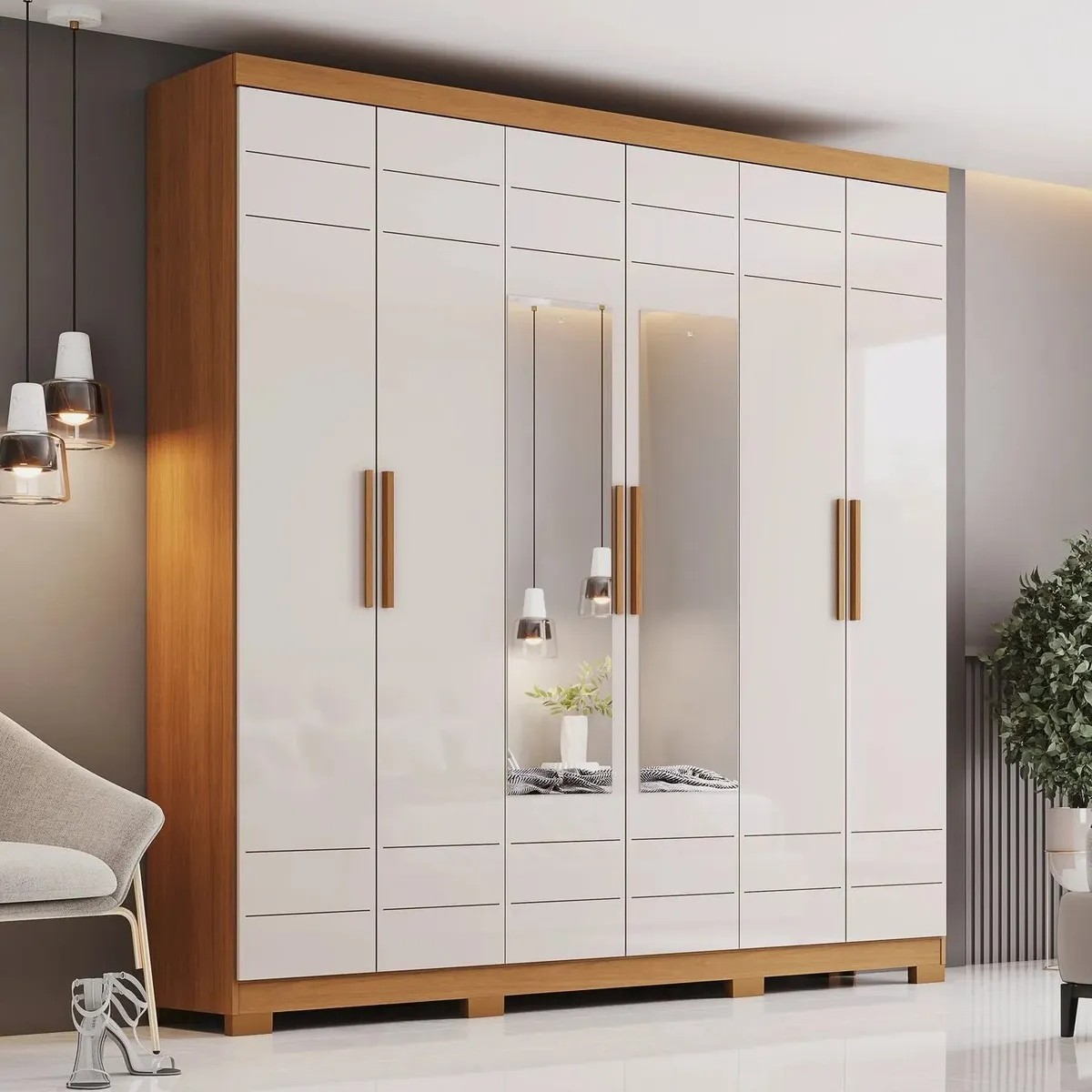 Guarda-roupa casal Flora com 6 portas, 2 espelhos, 3 gavetas e acabamento em cinamomo e off white — foto 1
