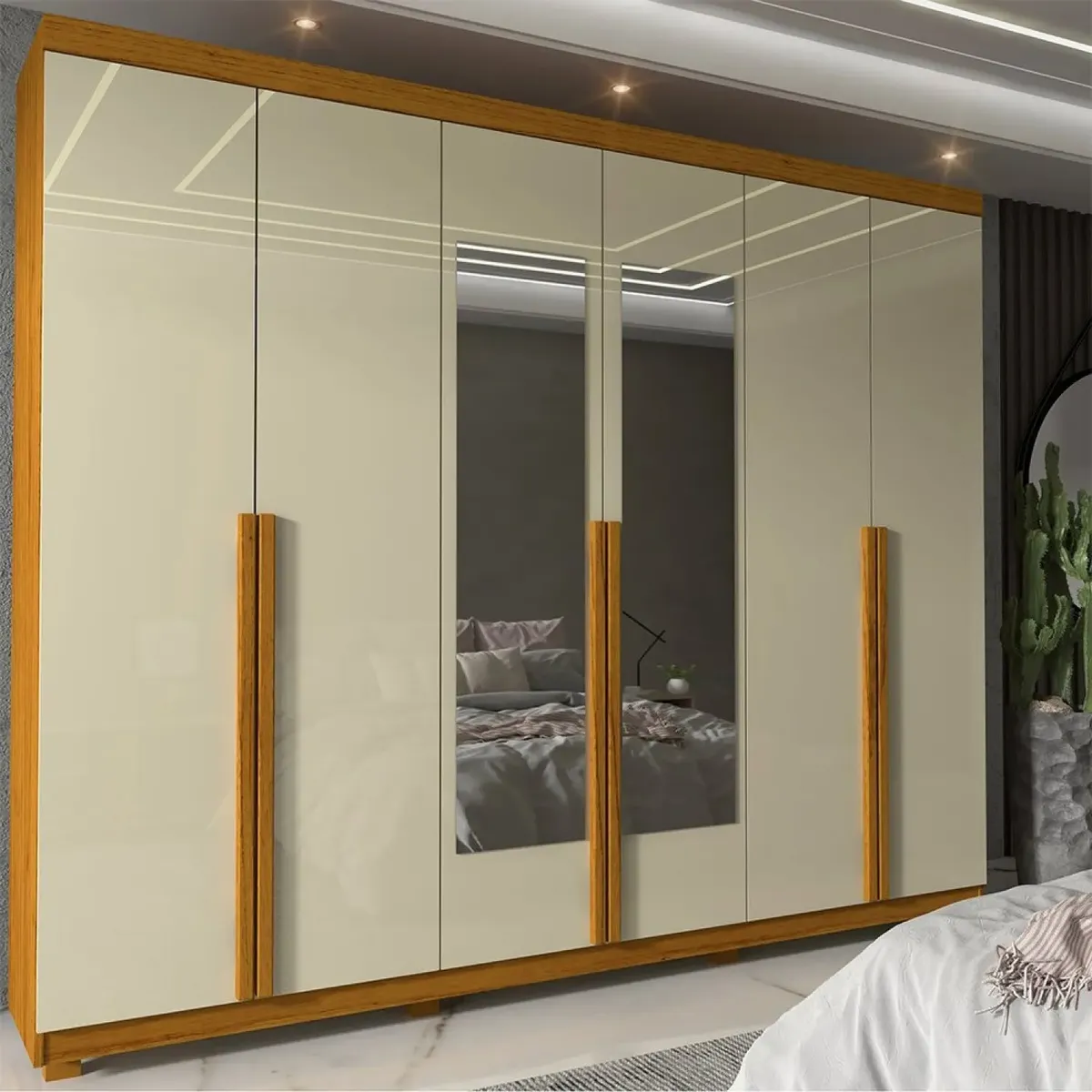 guarda roupa casal 6 portas com espelho com pes imperatriz naturale off white 230cm com 4 gavetas e sapateira — foto 1