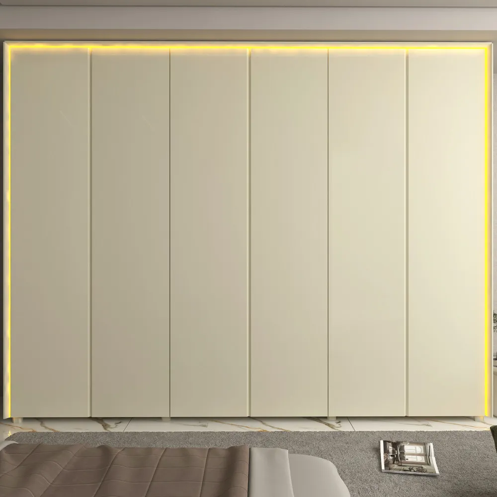 Guarda roupa casal Gelius Splendor 274cm off white com 6 portas, LED quente externo e pés em madeira maciça - vista frontal — foto 1