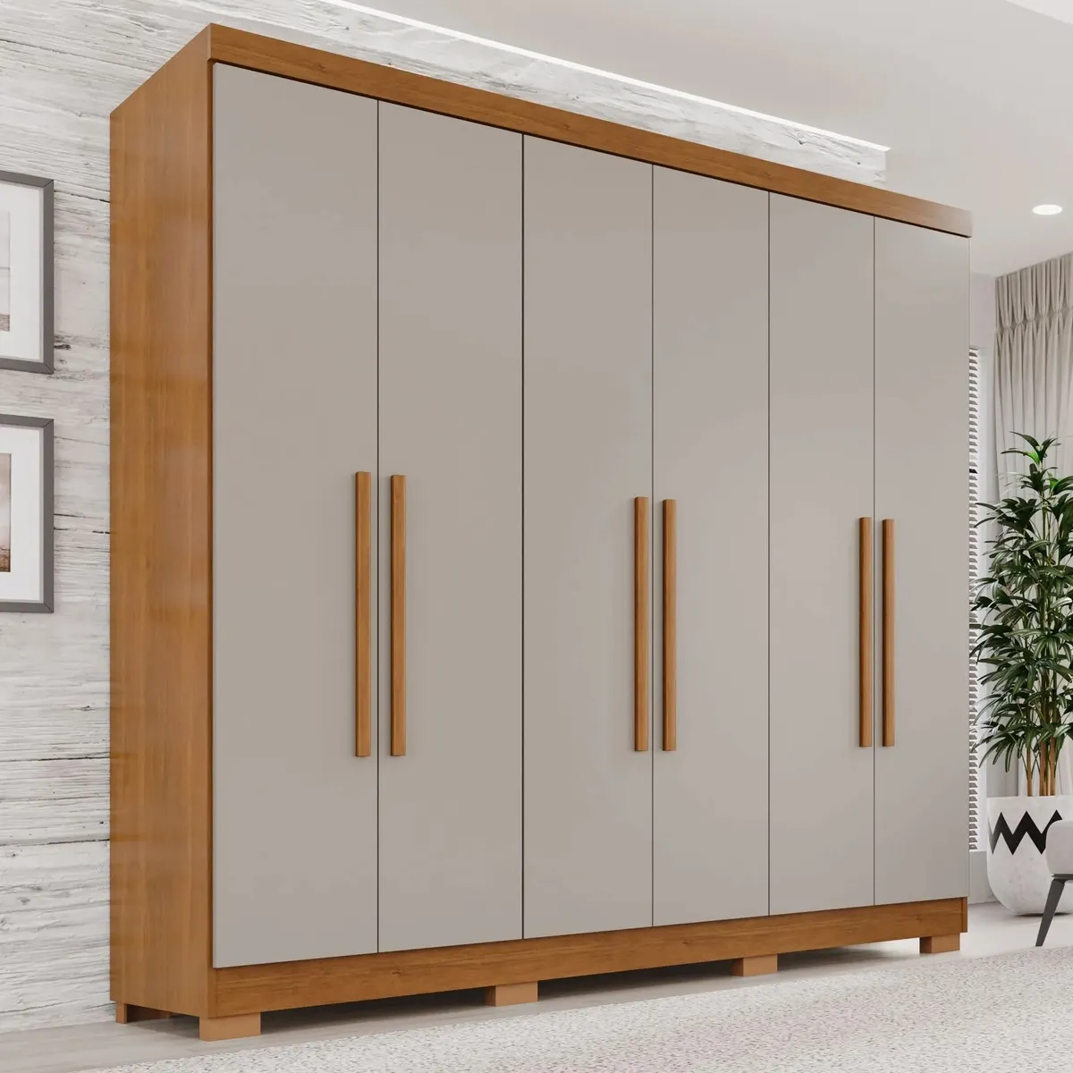 Guarda-roupa casal França com 6 portas, 2 gavetas, pés e cabideiro de alumínio em Cinamomo e Off White — foto 1