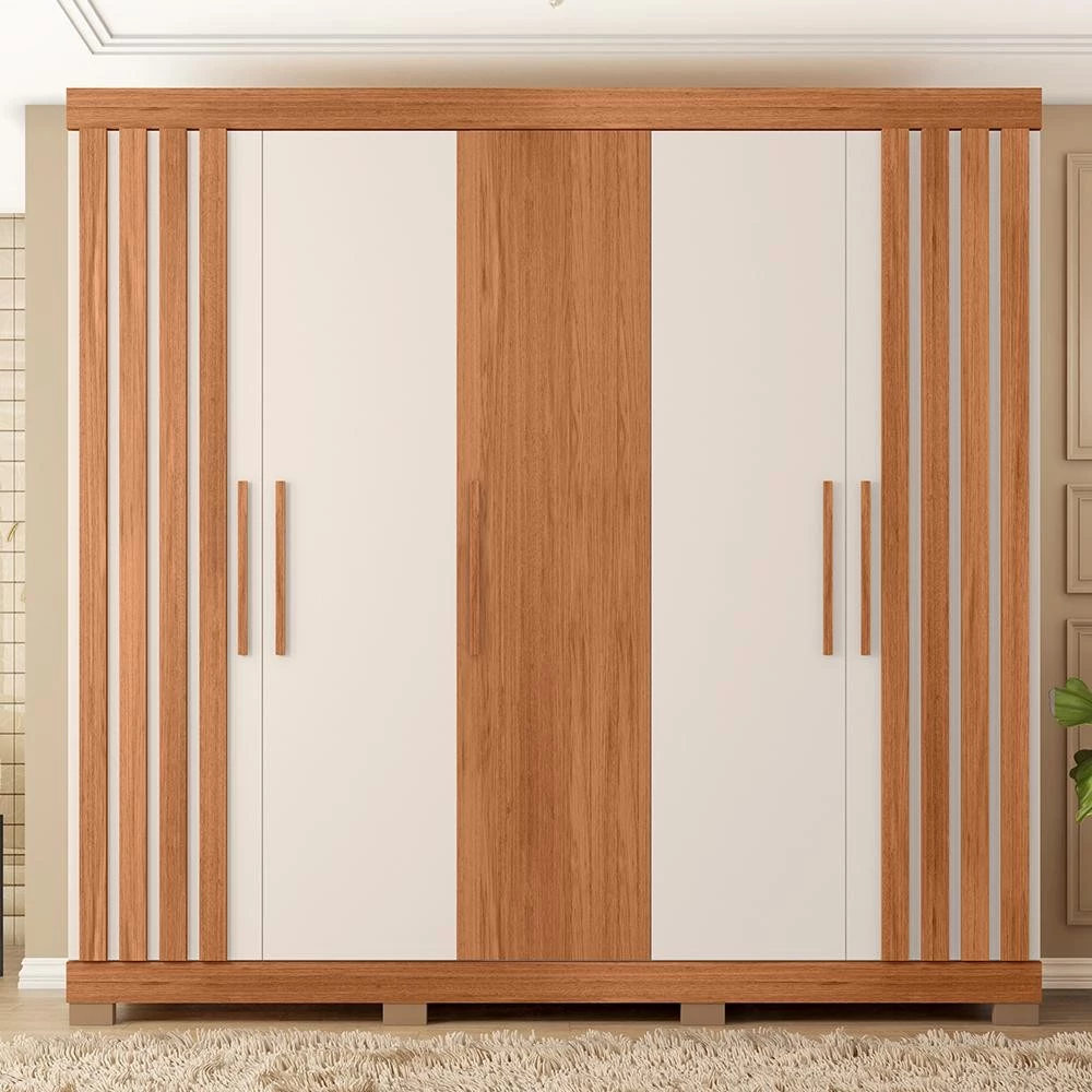 Guarda-roupa casal grande Marta com 5 portas, 2 gavetas, 7 nichos e cabideiros de alumínio em Freijó e Off White — foto 1
