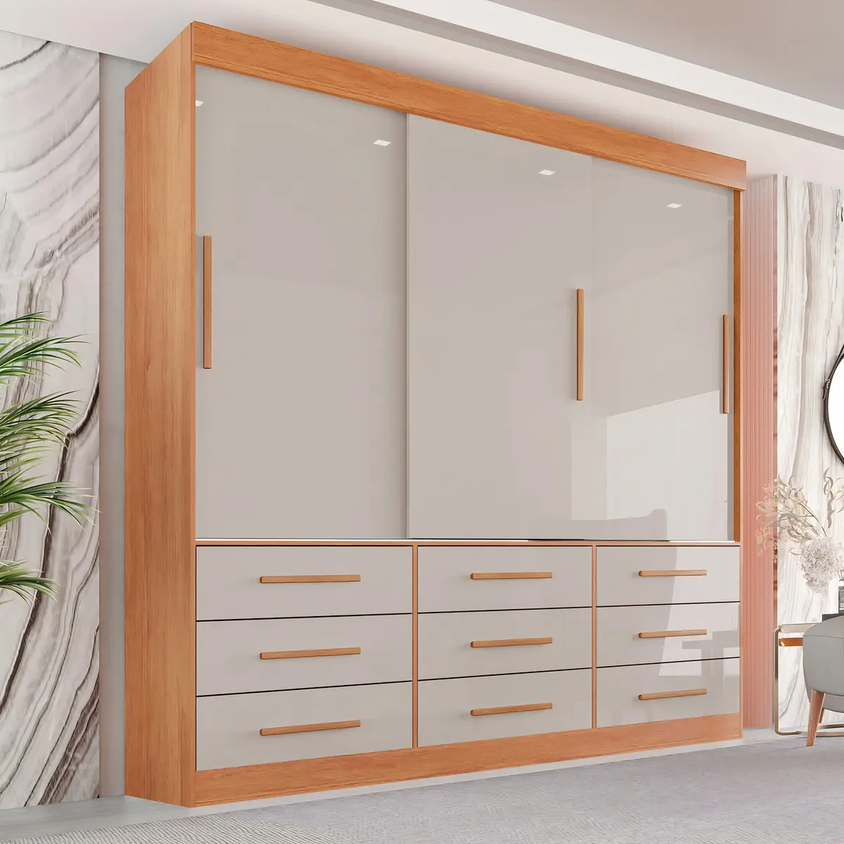 Guarda-roupa casal Luana com 3 portas de correr e 9 gavetas em Cinamomo e Off White — foto 1