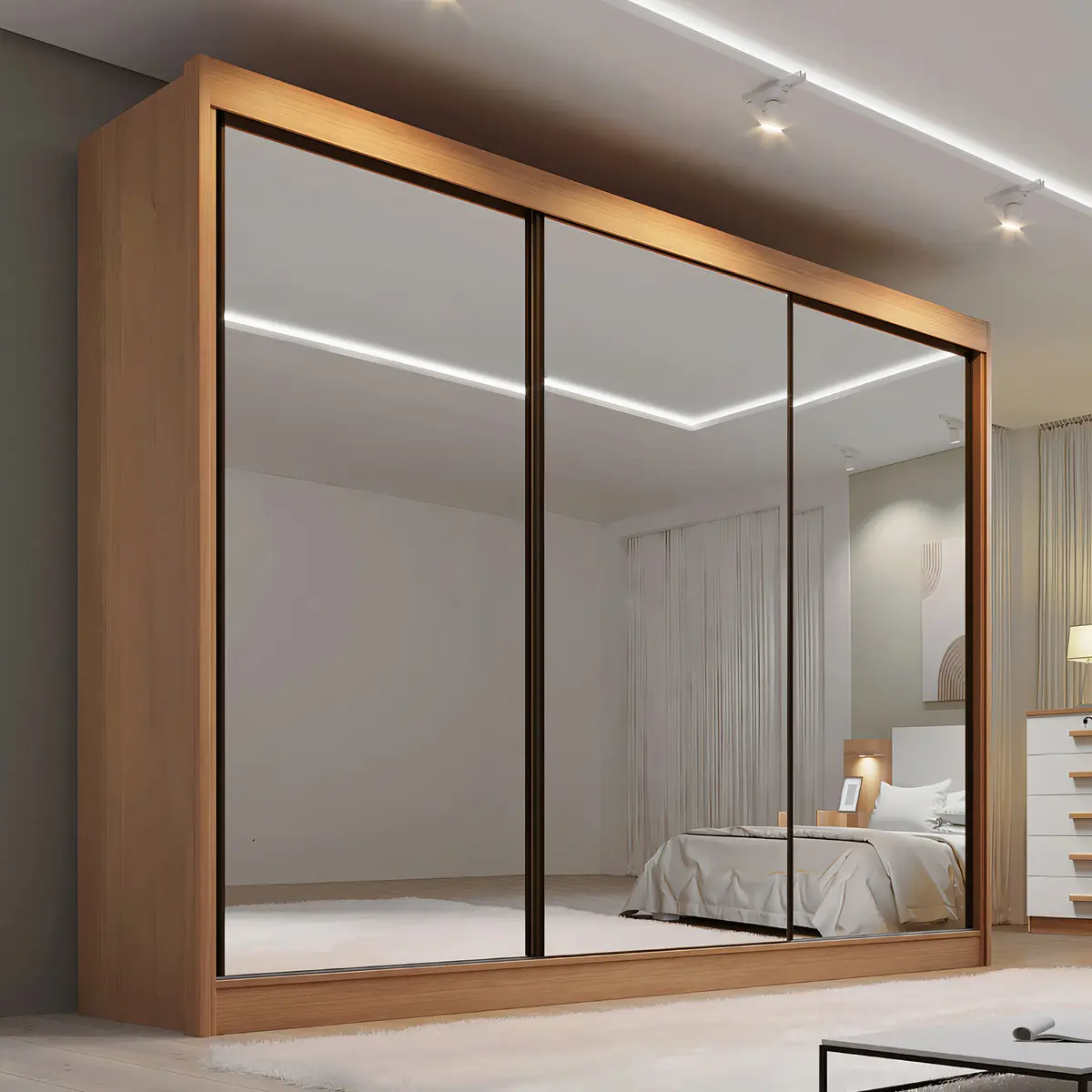 Guarda-roupa casal MDF espelhado 3 portas 6 gavetas D'Doro 273x230cm cinamomo — foto 1