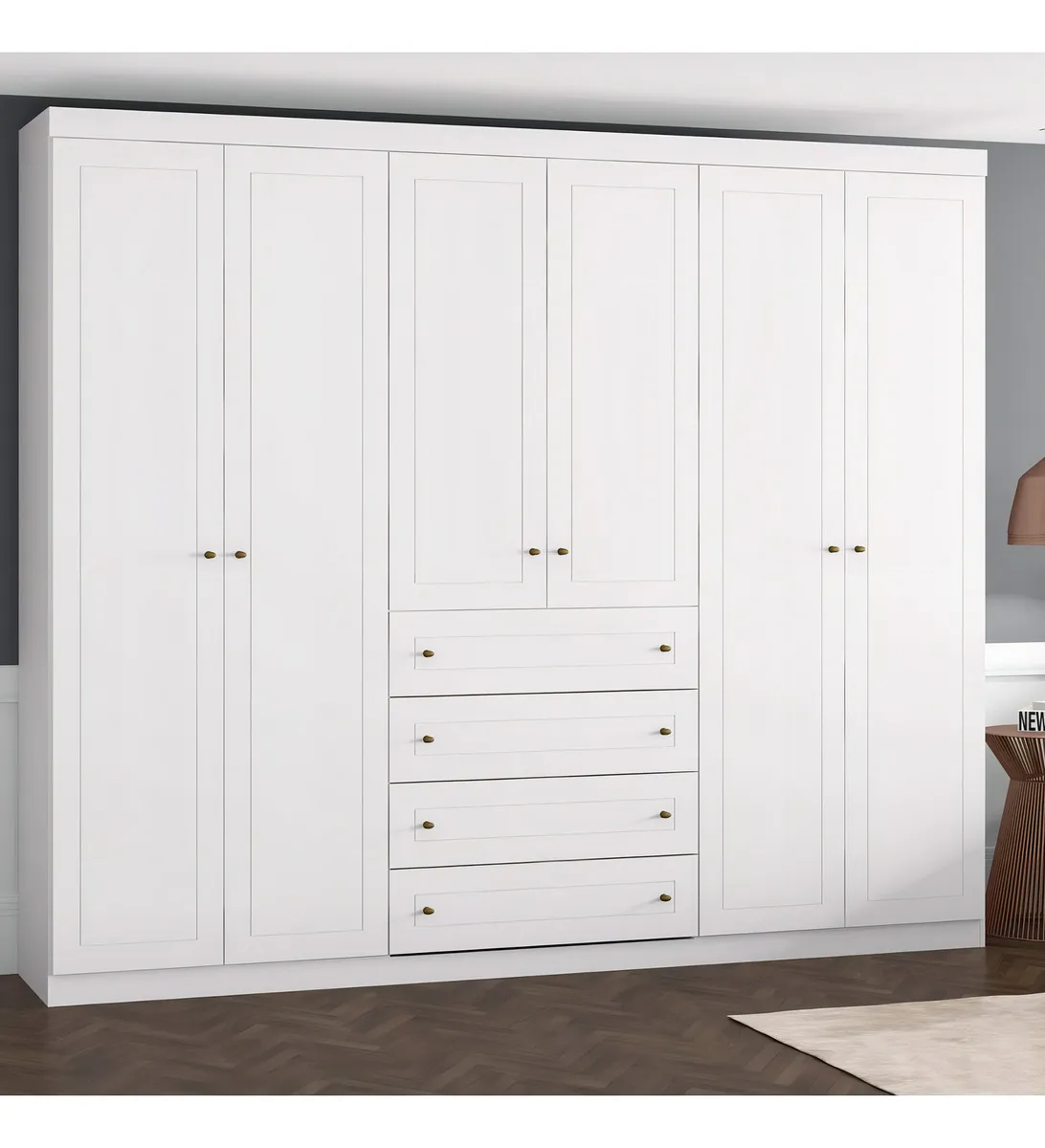 Guarda-roupa casal Nova York com 6 portas, 4 gavetas, 8 prateleiras e puxadores bronze da Espresso Móveis — foto 1
