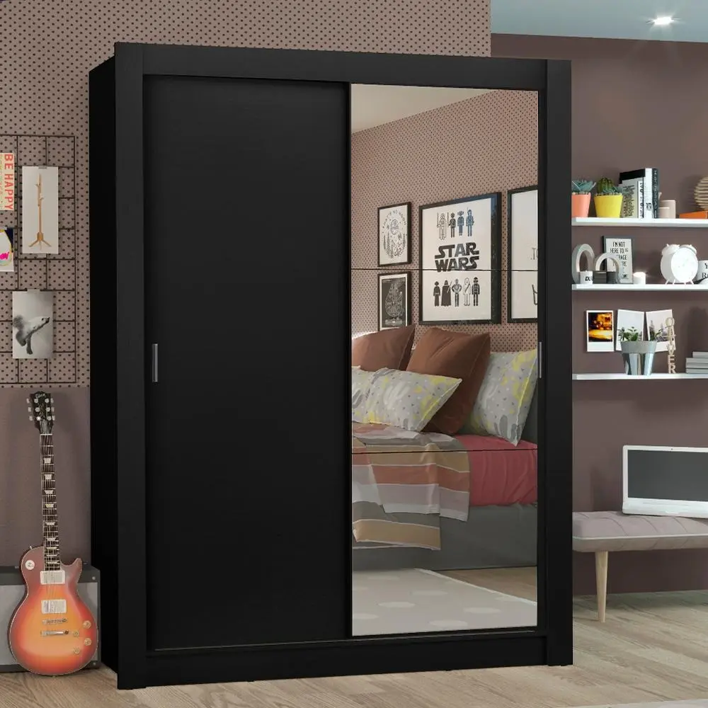 Guarda-roupa solteiro Denver da Madesa com 2 portas de correr, espelho e acabamento preto, modelo 10948N1E — foto 1