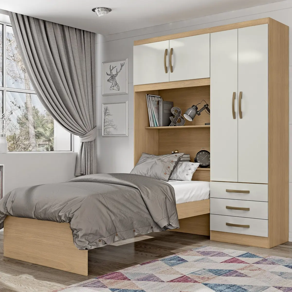Guarda-roupa infantil 4 portas com 3 gavetas e cama Lisboa 157x200cm off white e castanho da Espresso Móveis — foto 1