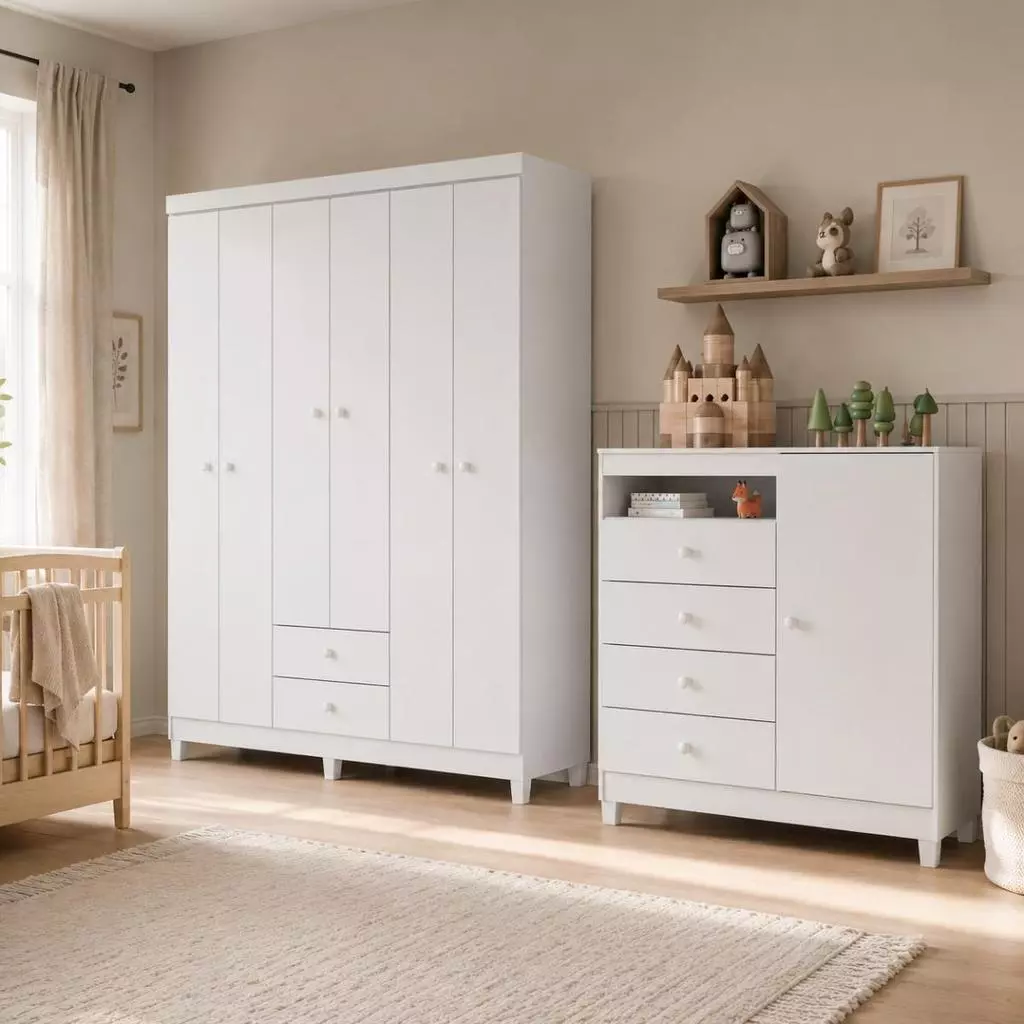Guarda-roupa infantil com 6 portas, cômoda sapateira com 4 gavetas e detalhes Branco Flex azul e rosa — foto 1