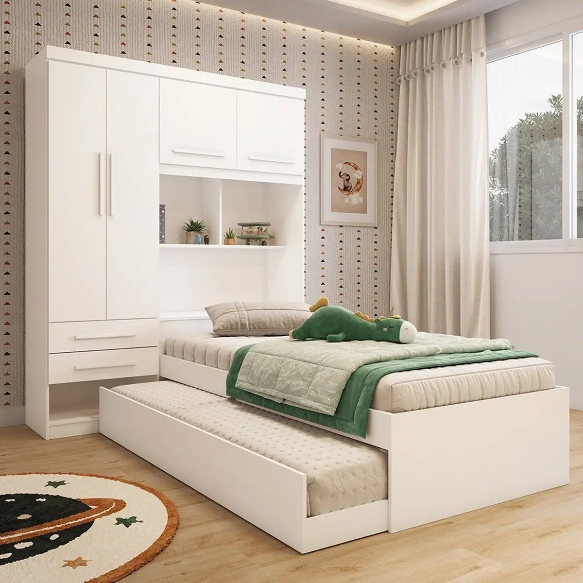 Guarda-roupa solteiro 4 portas com bicama e baú branco MDF 160x200cm da Espresso Móveis — foto 1