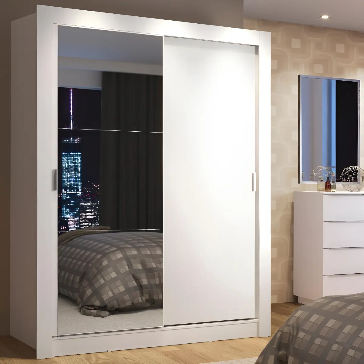 Guarda roupa solteiro Denver Madesa branco 2 portas correr com espelho 117cm — foto 1