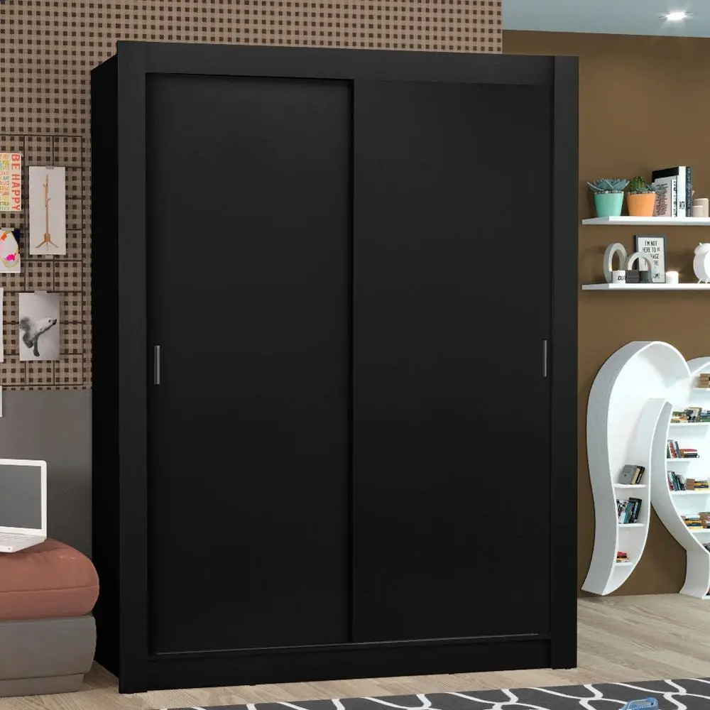 Guarda-roupa solteiro Madesa Denver 2 portas de correr preto 117cm 205cm com cabideiro e prateleiras