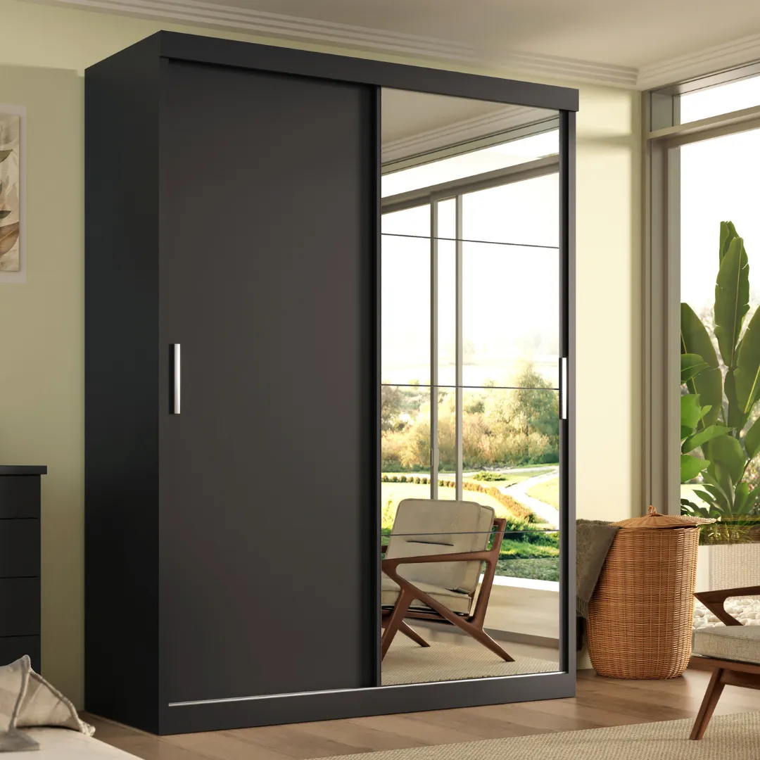 Guarda-roupa solteiro Roma 2 portas de correr com 2 gavetas e espelho 114cm 200cm para quarto compacto