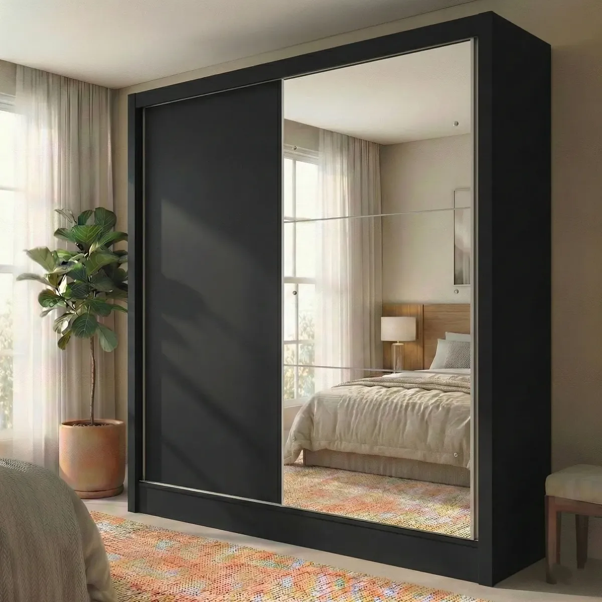 Guarda roupa solteiro Yescasa preto 2 portas correr espelho 2 gavetas 131cm — foto 1