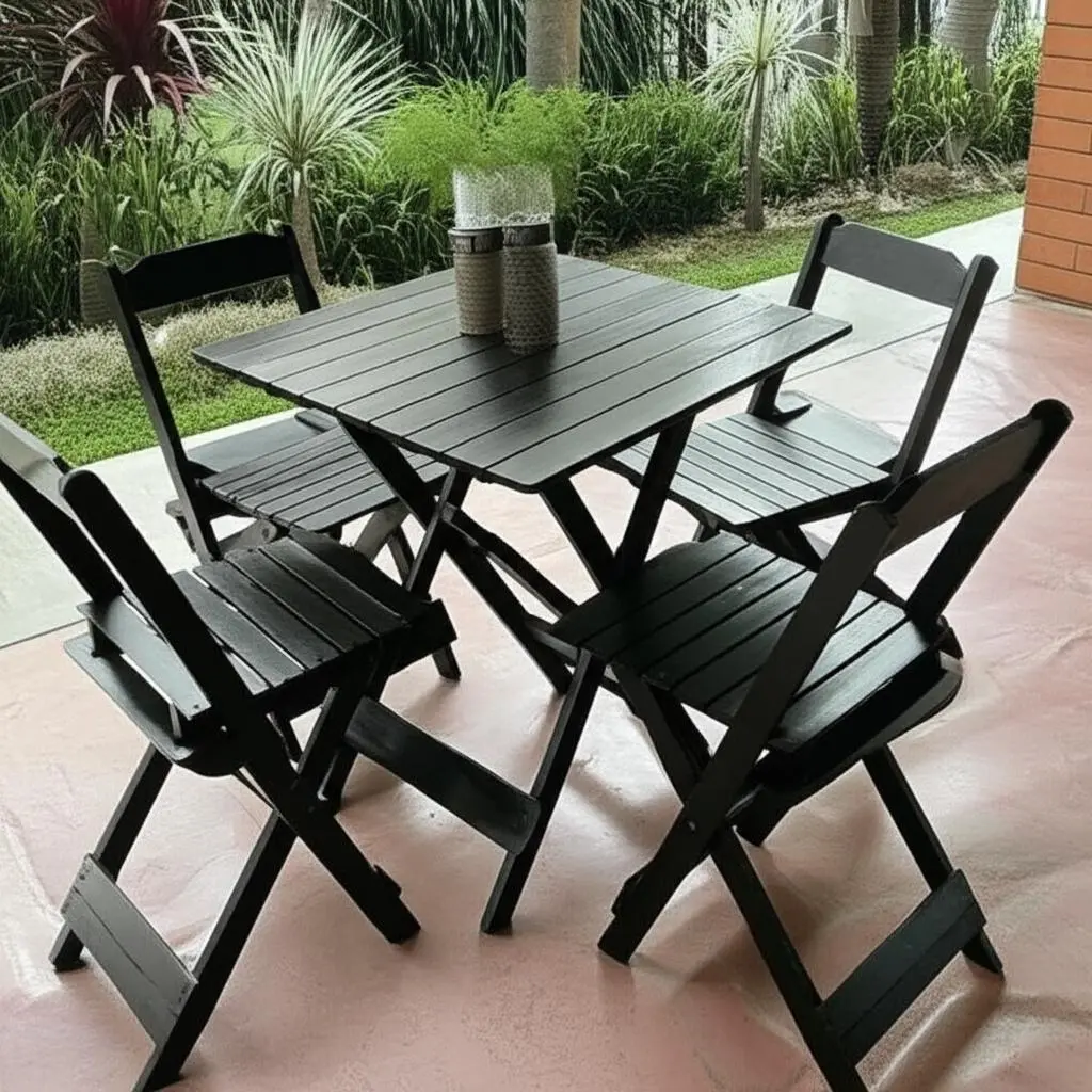 Jogo de mesa dobrável 70x70 em madeira macica preta com 4 cadeiras dobráveis para bar e bistrô — foto 1