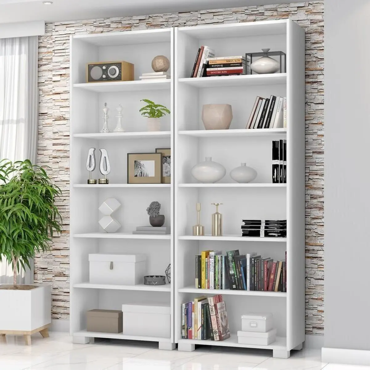 Kit 2 estantes para livros com 5 prateleiras 188cm x 121cm office branco para bibliotecas e escritórios