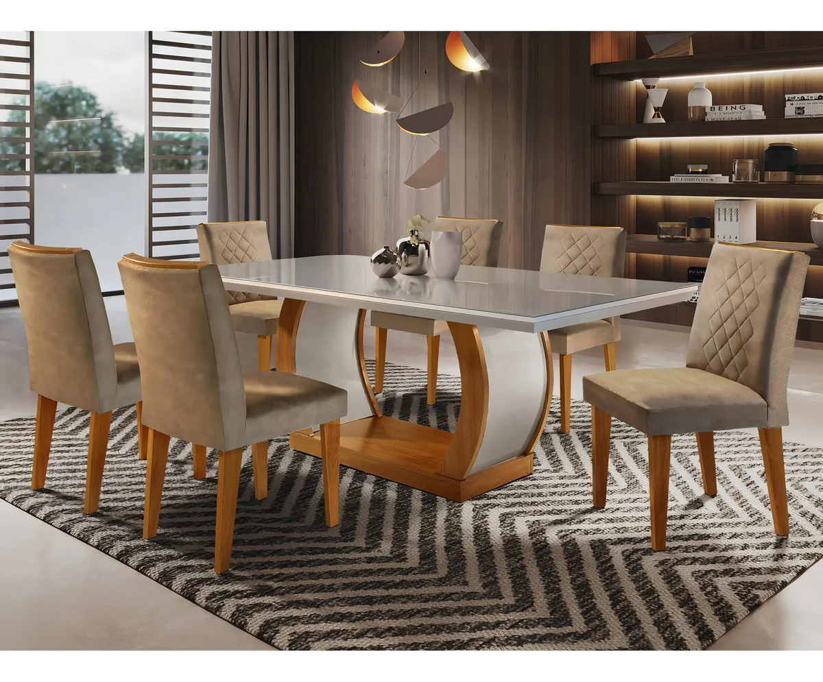 Conjunto de sala de jantar Rufato Luanda com mesa 180x90cm tampo vidro e 6 cadeiras estofadas em suede nas cores animalle chocolate, off white e imbuia — foto 1