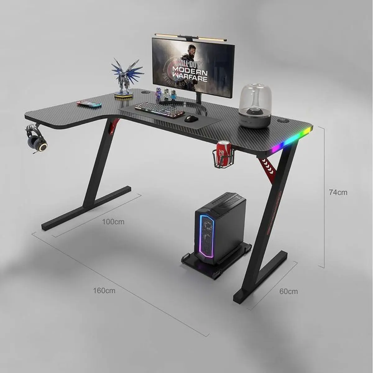 Mesa Gamer Em L 160x100 RGB Carbono NSY 1601H 300kg Suporte Headset - mesa gamer 180cm com suporte para monitor e organizador de cabos