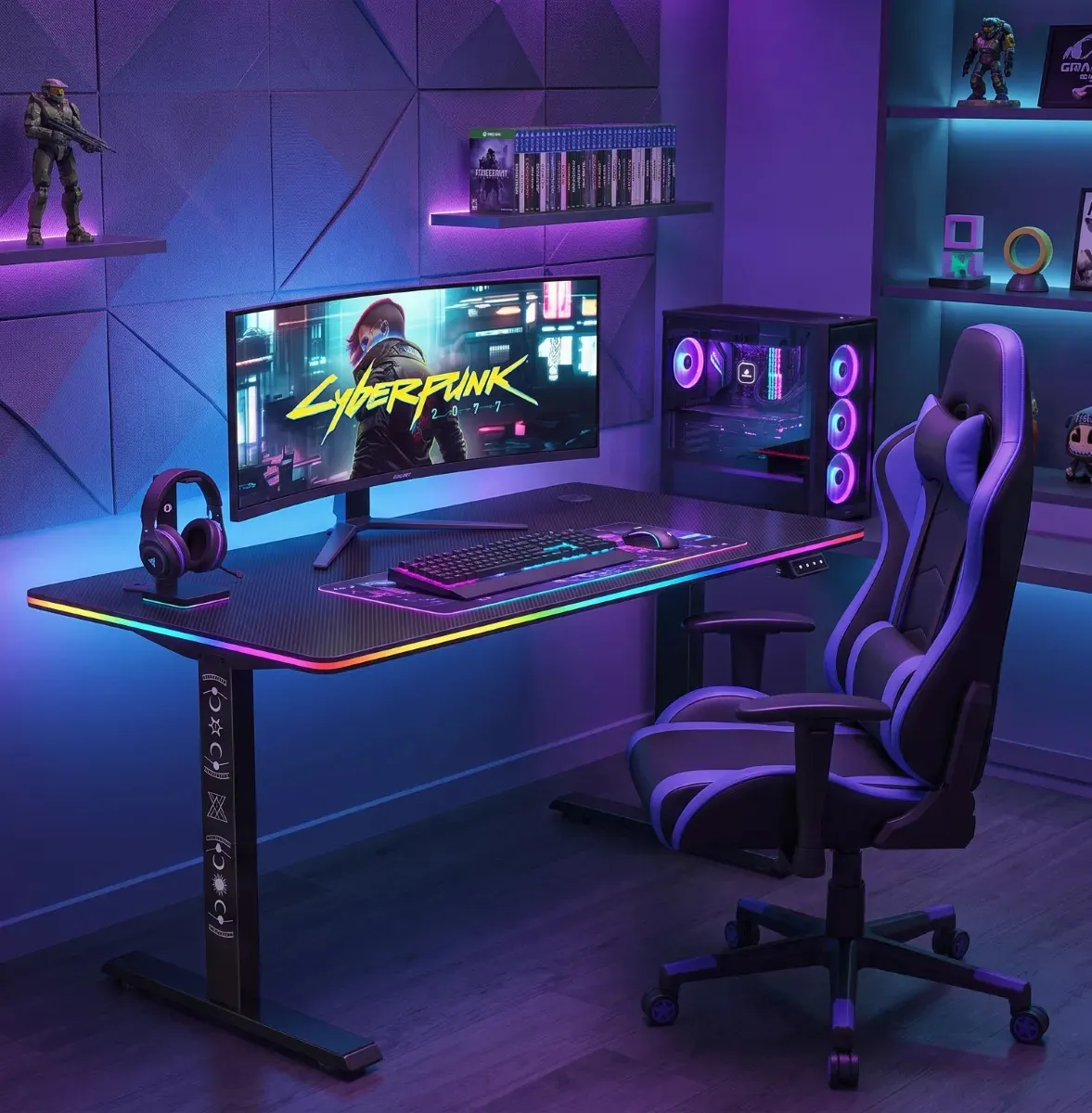 Mesa Gamer RGB 140cm Com LED Mancer Arcane Preta MDF 18mm 75kg - mesa gamer 180cm com suporte para monitor e organizador de cabos