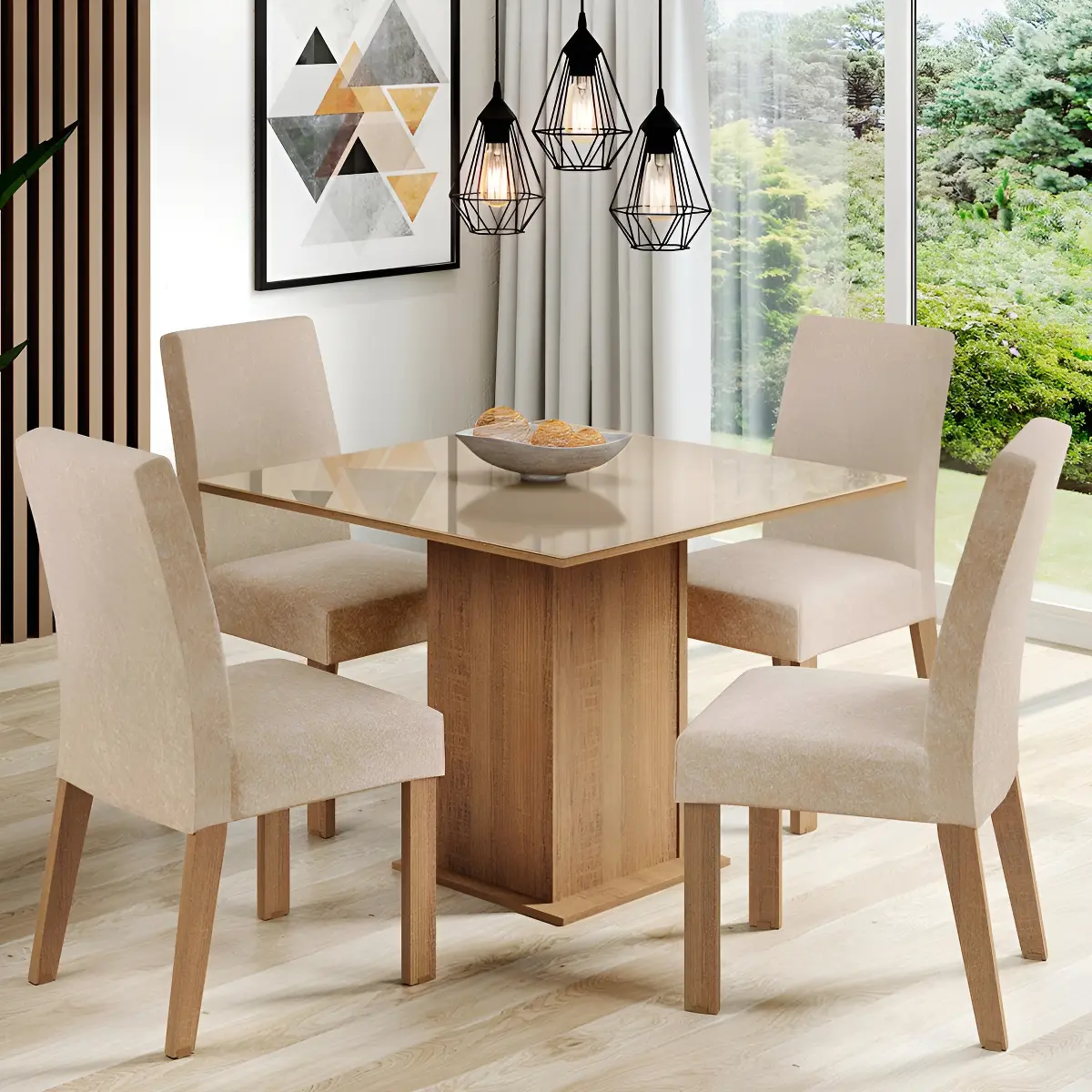 Conjunto de sala de jantar Madesa Evelin com mesa quadrada de tampo vidro 90cm e 4 cadeiras estofadas nas cores rustic, crema e imperial — foto 1