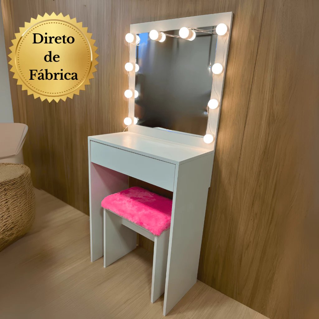 penteadeira com banco rosa led espelho 50x50 100 mdf 60x30 rosa branca — foto 1