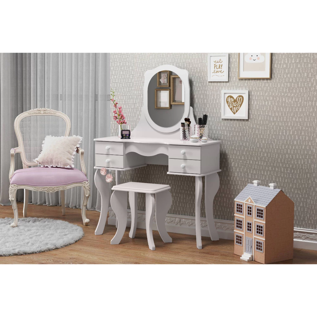 penteadeira maquiagem princesa 4 gavetas espelho banqueta 136x95 branca rosa quarto — foto 1